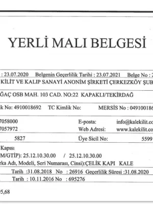 YERLİ MALI BELGESİ - ÇELİK KAPI
