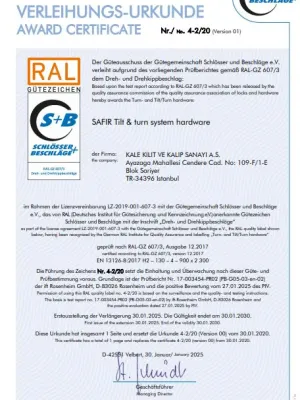 KALE Safir Çift Açılım İspanyolet-RAL-GZ 607-3 Sertifikası 4-2-20